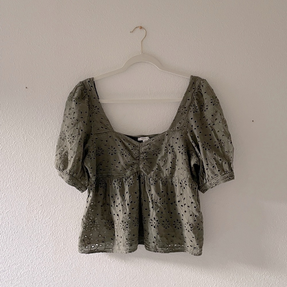 American Eagle Babydoll Top Short Sleeve Eyelet Cotton Blouse Romantic